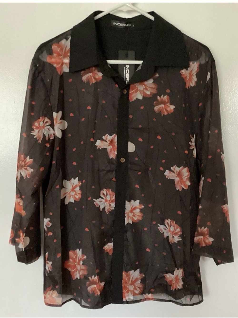 INCERUN Men's Black Sheer Floral Dress Shirt with Orange & White Print